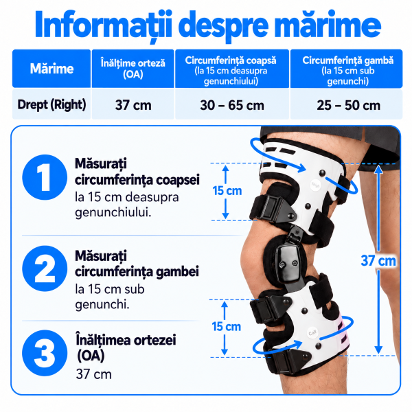 Ghid de măsurare, înălțime 37 cm, circumferința coapsei 30–65 cm și a gambei 25–50 cm